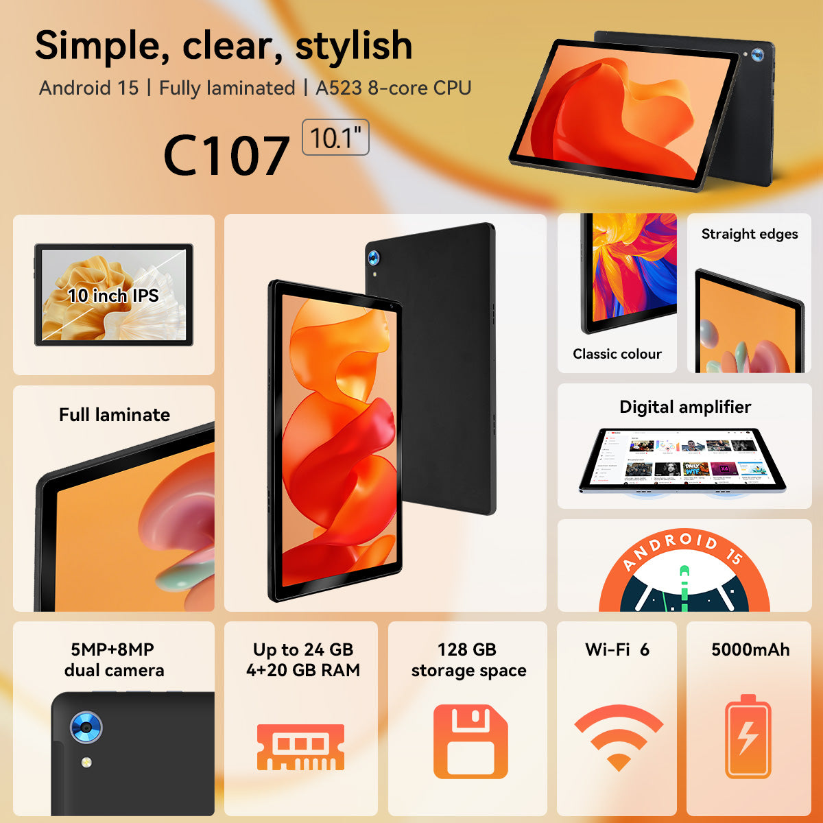 Black Android 15 10.1-inch tablet front screen with rear panel