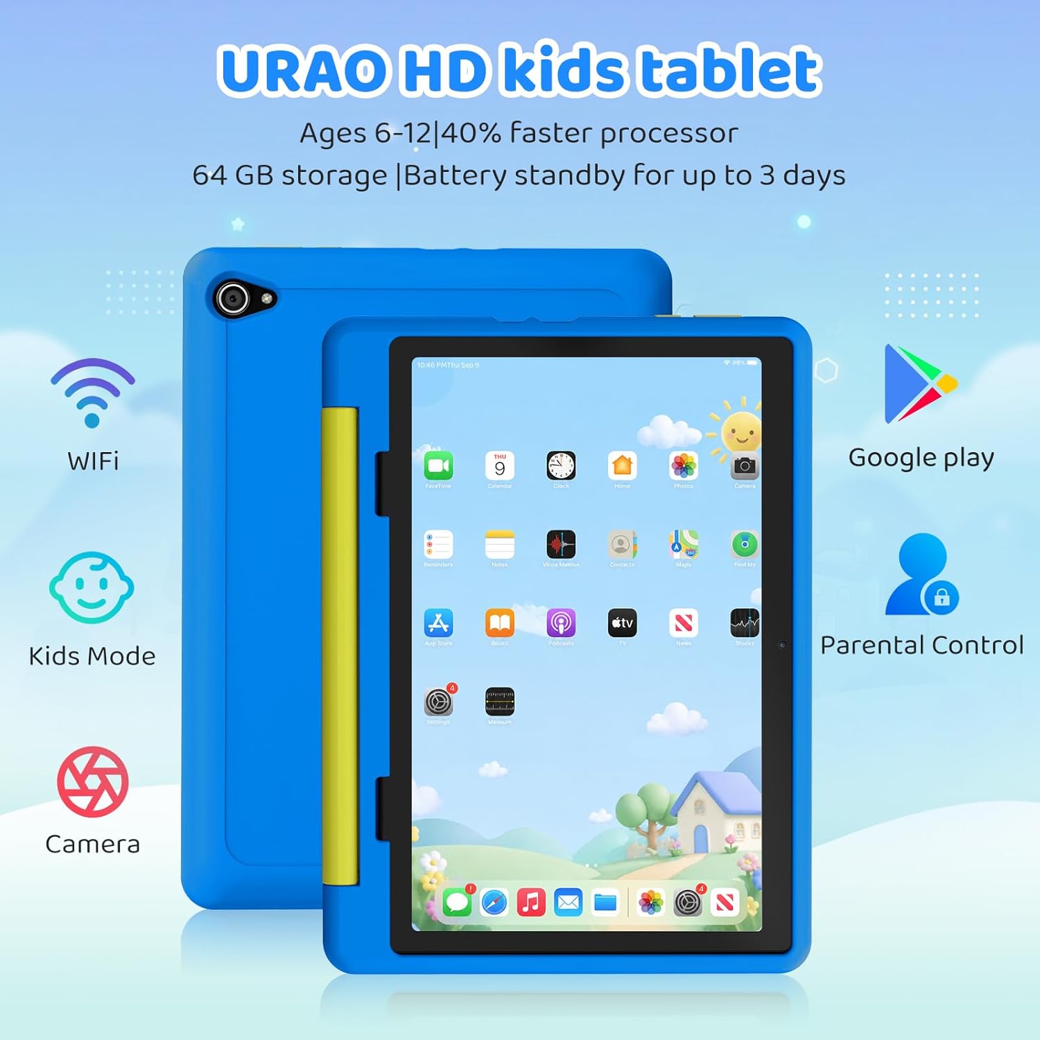 Blue kids tablet front and back view with colorful app display