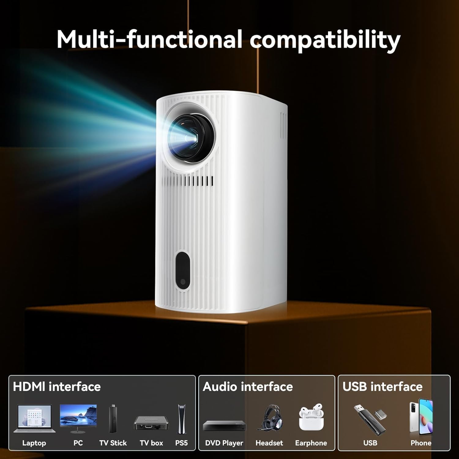 White portable projector with front lens and side vent openings