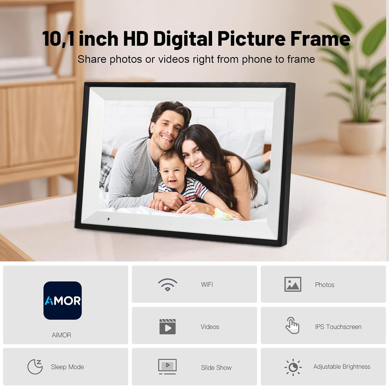 10.1-inch digital picture frame on desk showing family photo; black frame and stand.