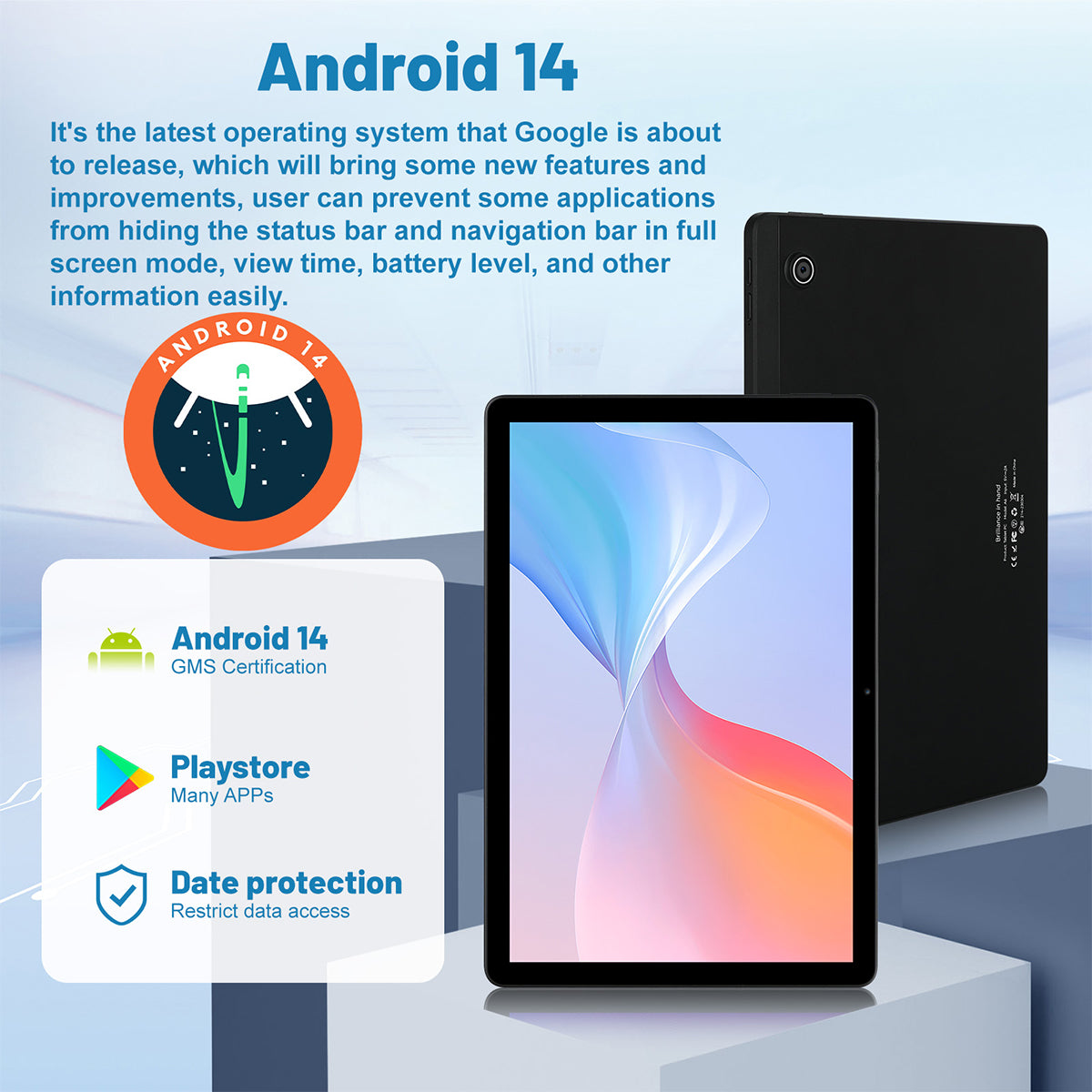 Black Android tablet with front screen showing blue abstract wallpaper and rear side