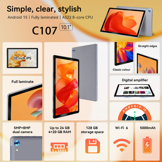 Gray tablet with front screen and colorful icons shown on the display