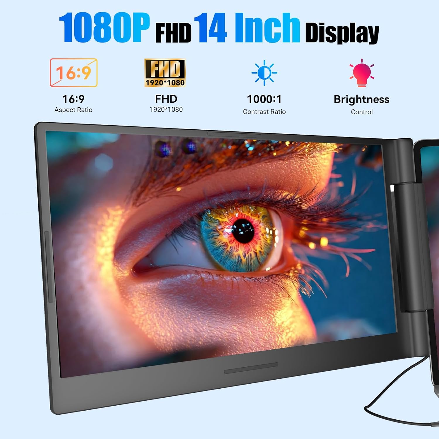 14-inch portable monitor extender screen with black bezel and support arm