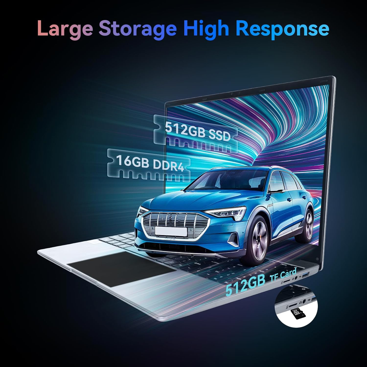 15.6-inch laptop open on a white surface, with blue car graphic on screen.