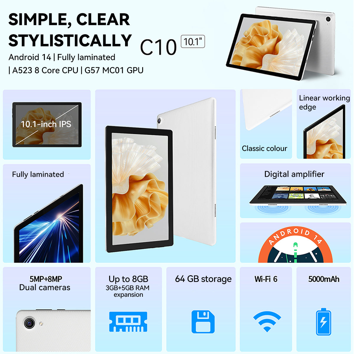 White tablet showing front and back; screen with app-style wallpaper.