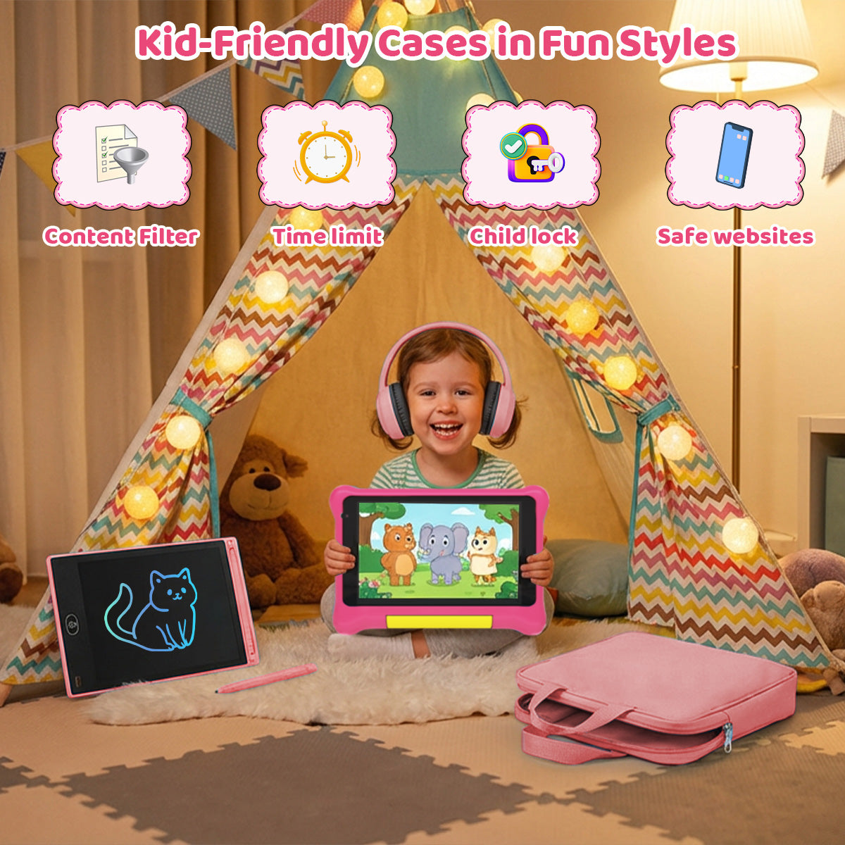 Pink kids tablet in protective case held by a child inside a play tent setup with headphones