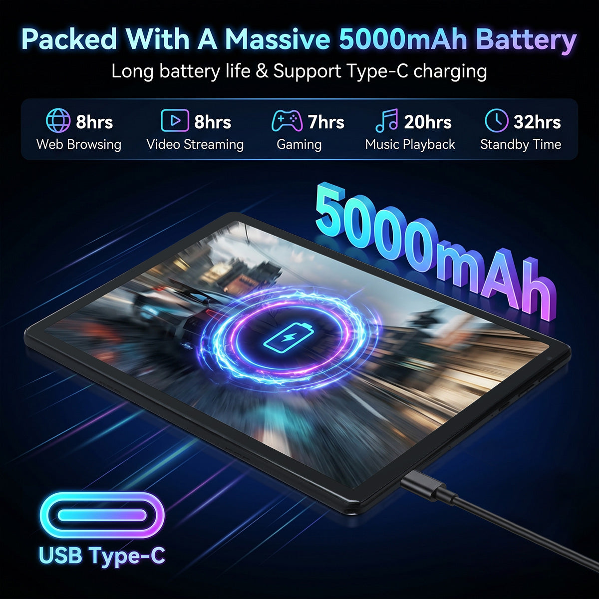 Black 10-inch tablet with Type-C cable, 5000mAh power graphic on display