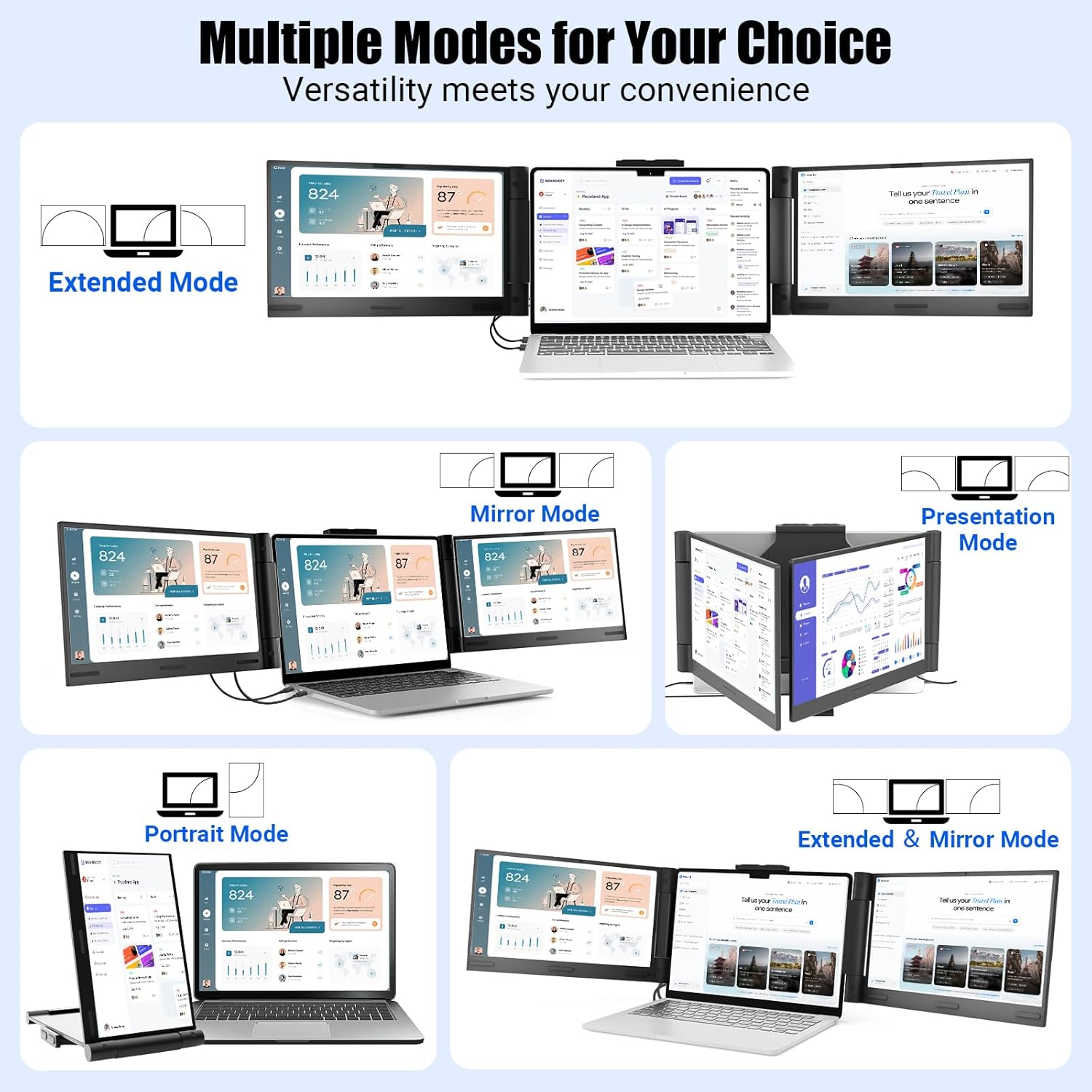 Triple portable monitor extender showing extended, mirror, and portrait screen modes