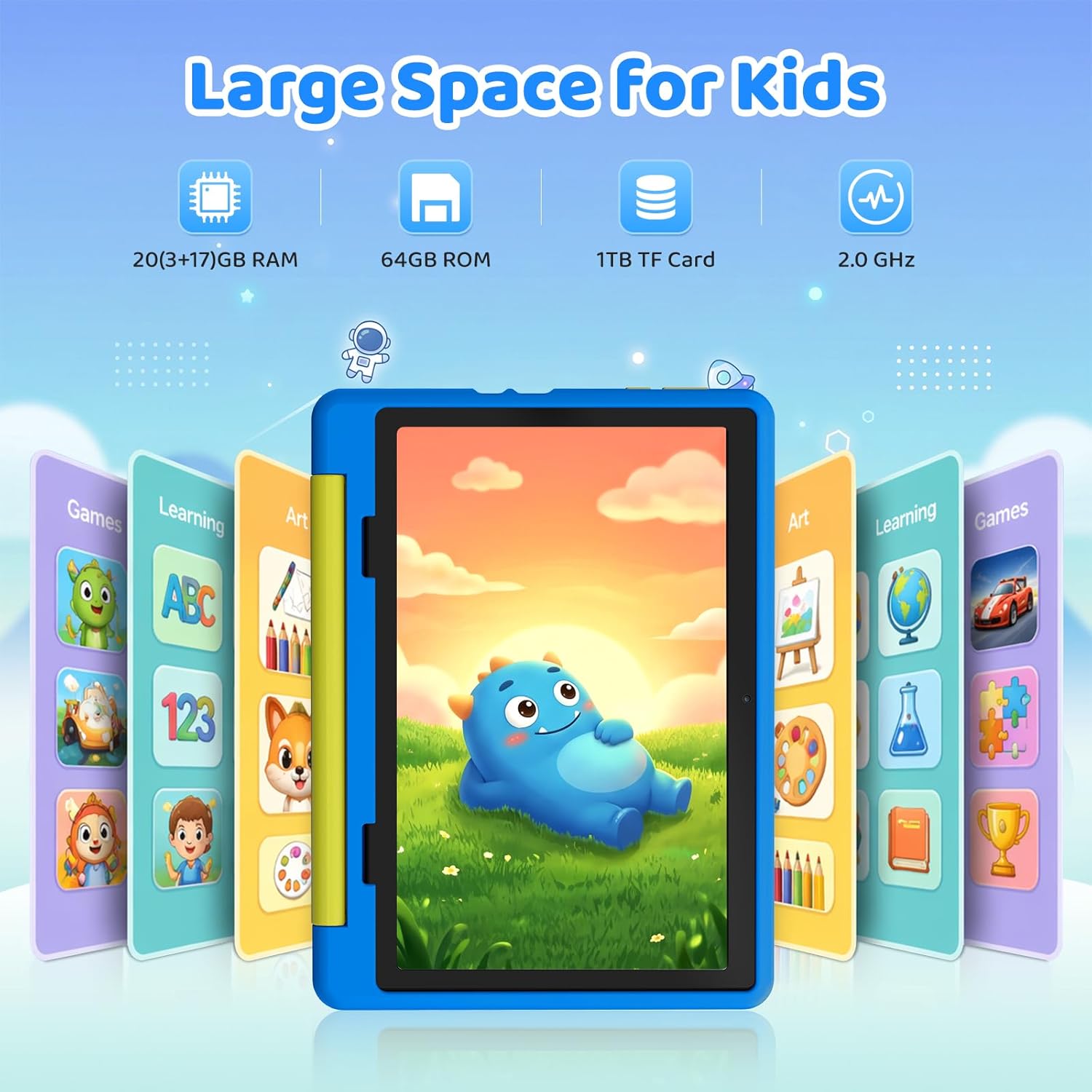 Blue kids tablet showing a cartoon animal on the large display