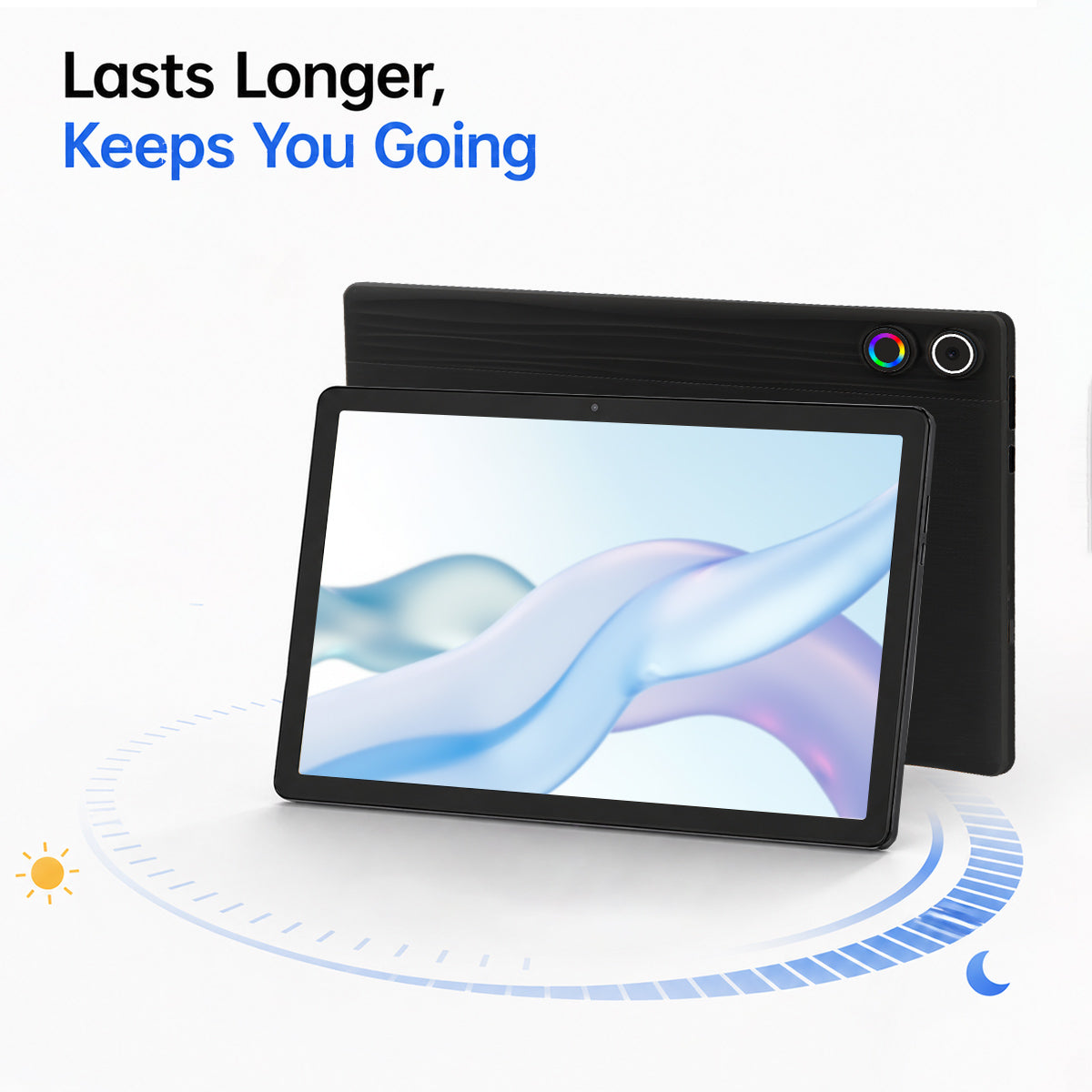 Black tablet with rear cover and kickstand, front screen visible