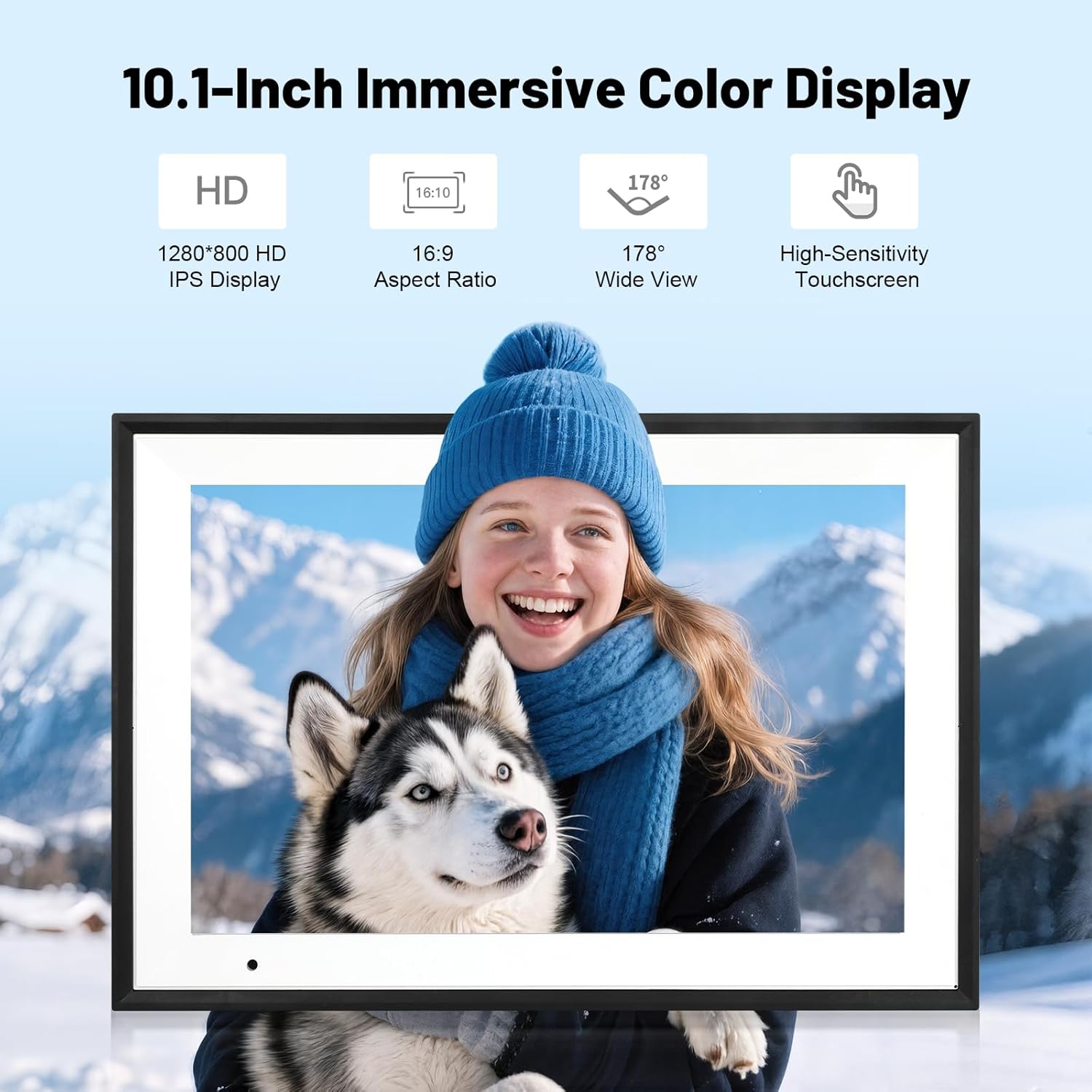 10.1-inch digital picture frame showing portrait photo of a smiling person with dog.