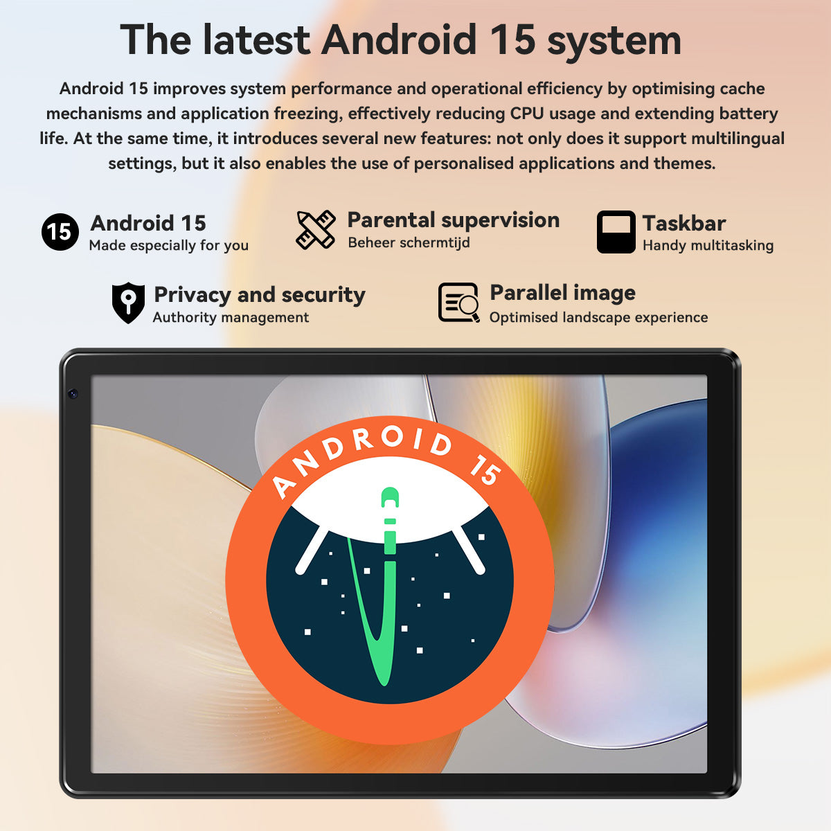 Black Android 15 10.1-inch tablet with front screen display
