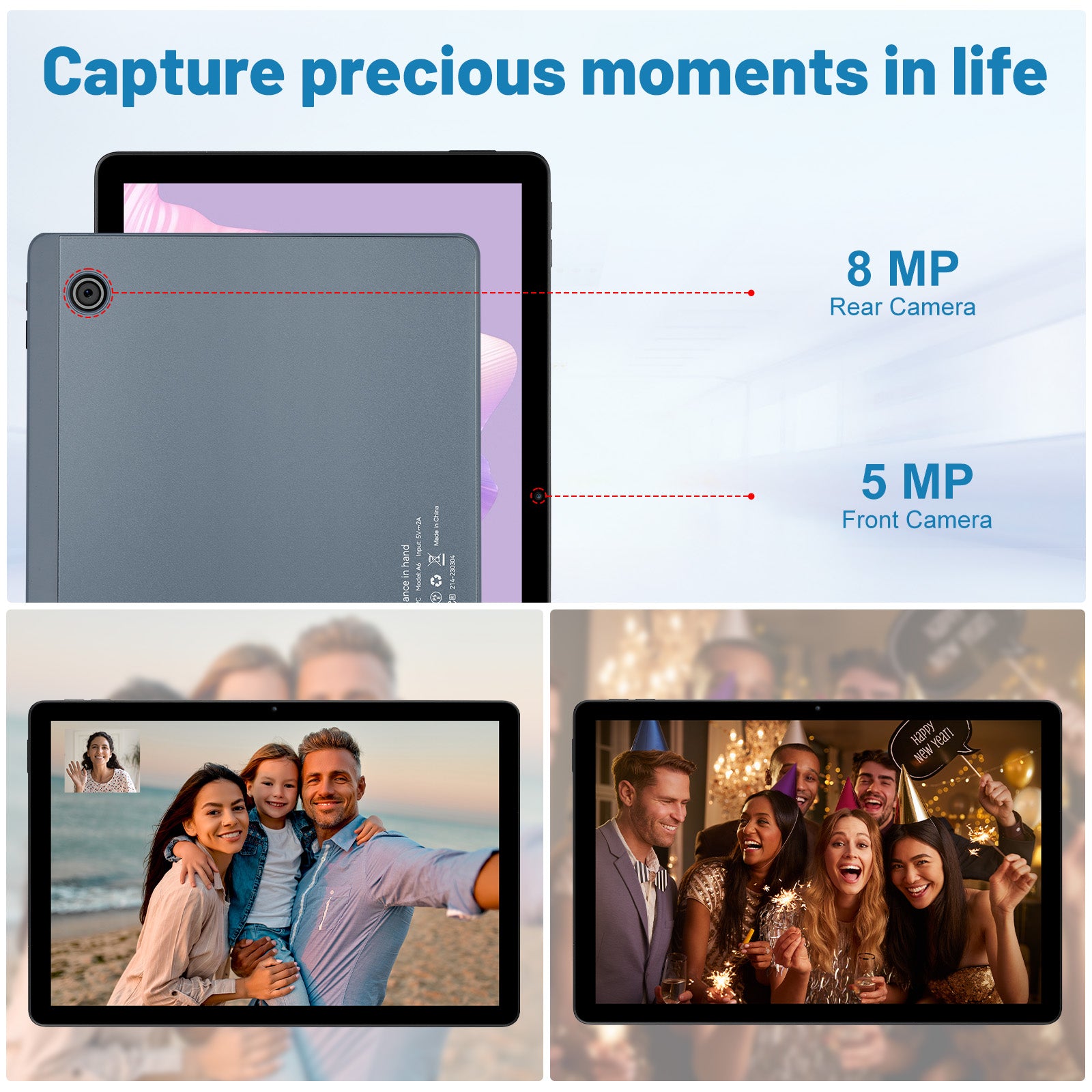 11-inch Android tablet in dark gray, rear view with camera lens and ports