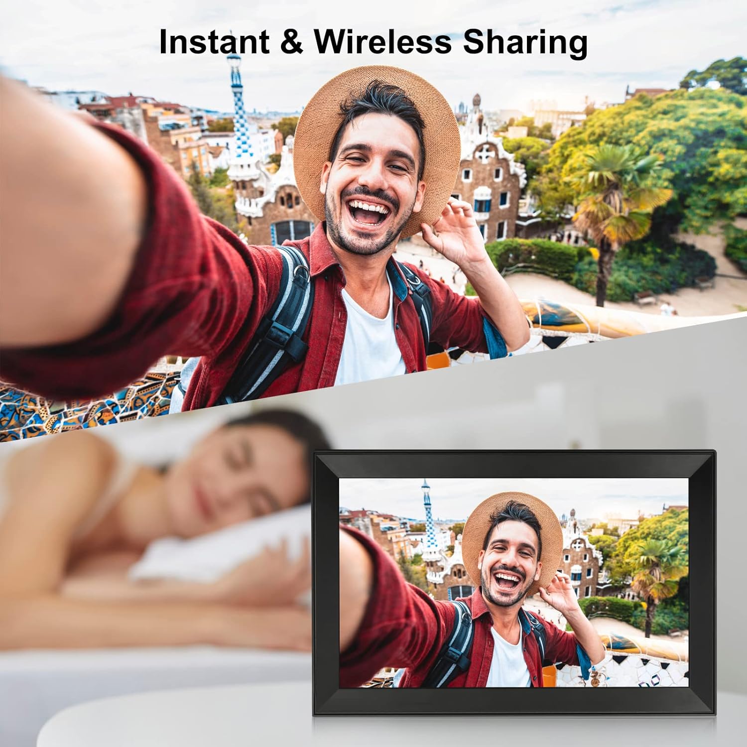 Digital picture frame with touch screen, black frame showing a smiling man photo and wireless sharing