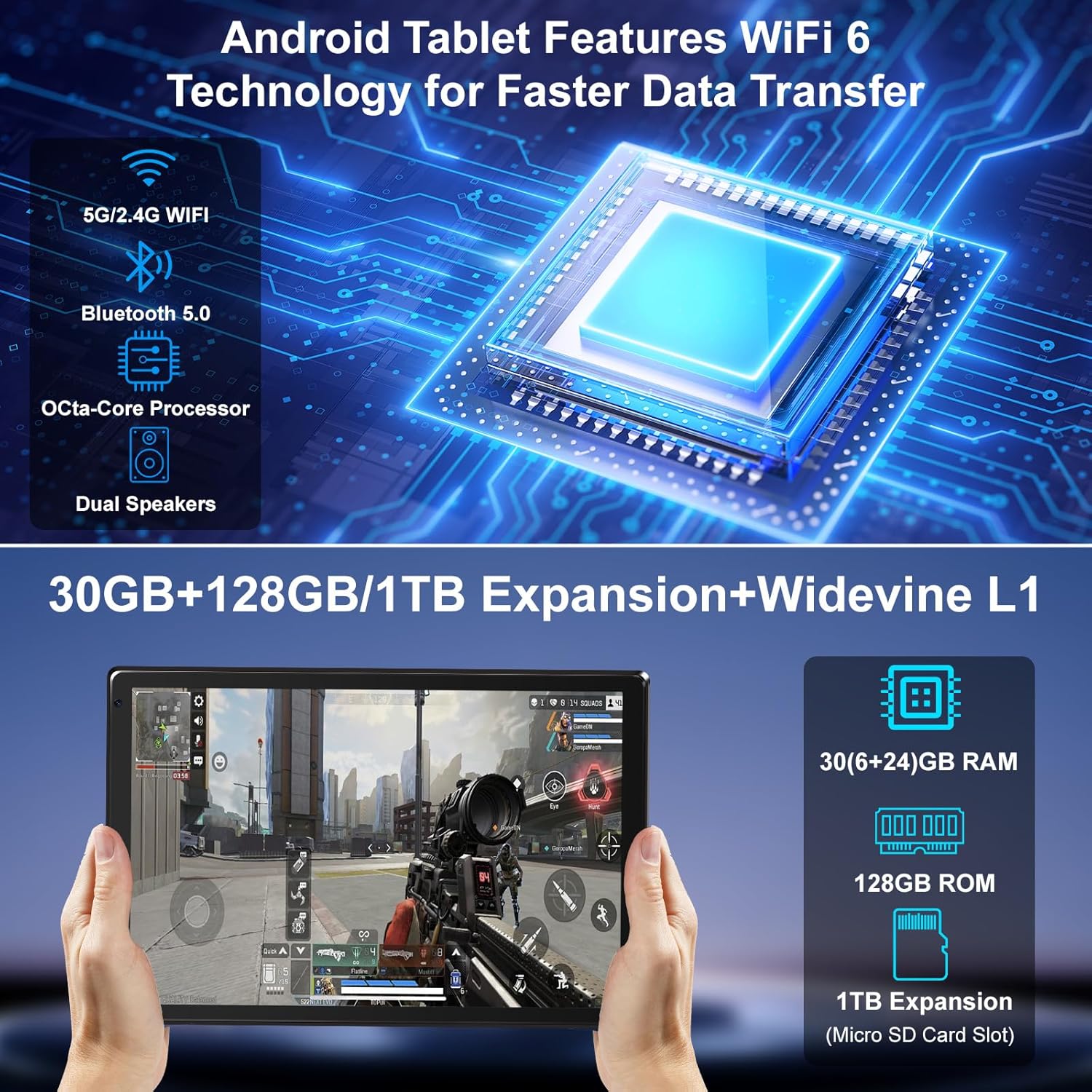 Android tablet displaying game scene held by two hands on screen