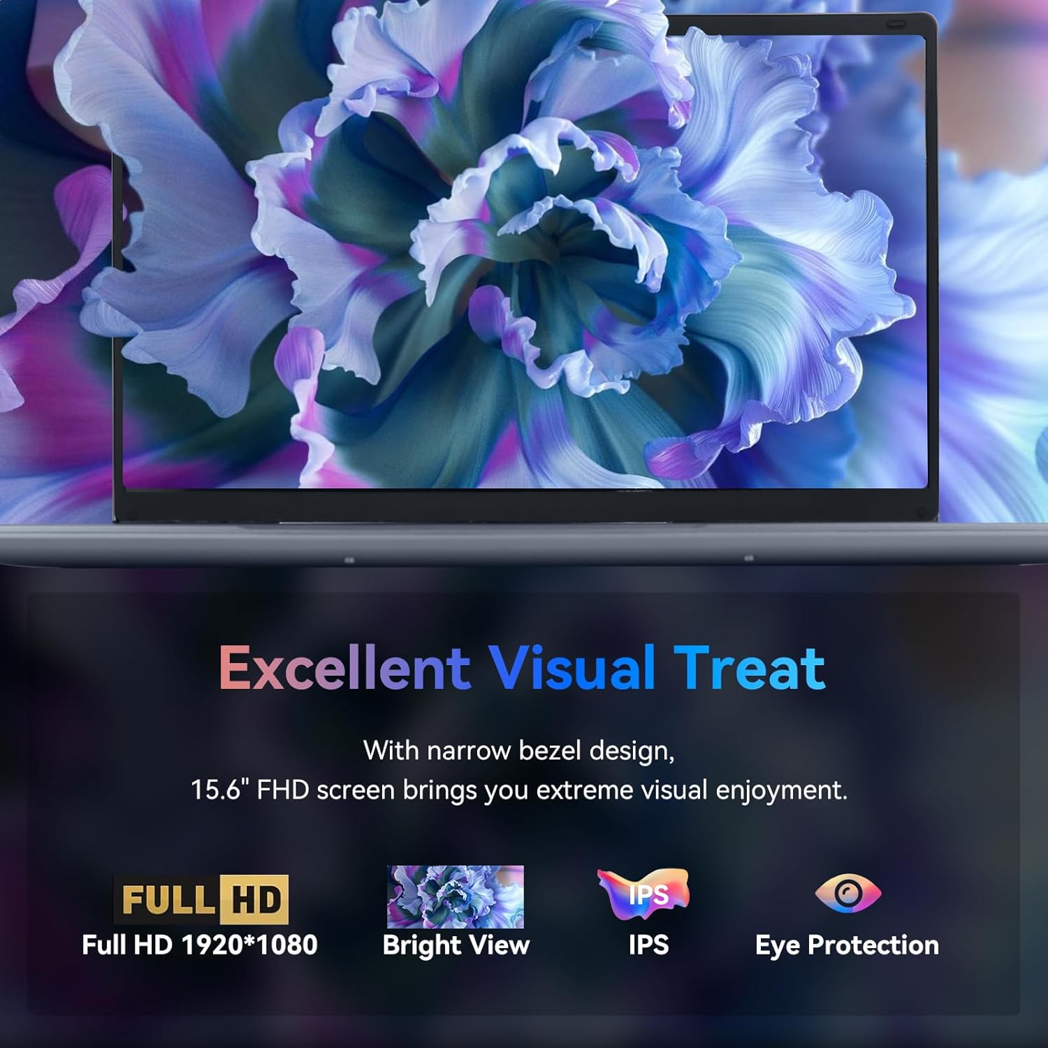 Silver laptop open, close-up of screen with blue flower image and black bezel.