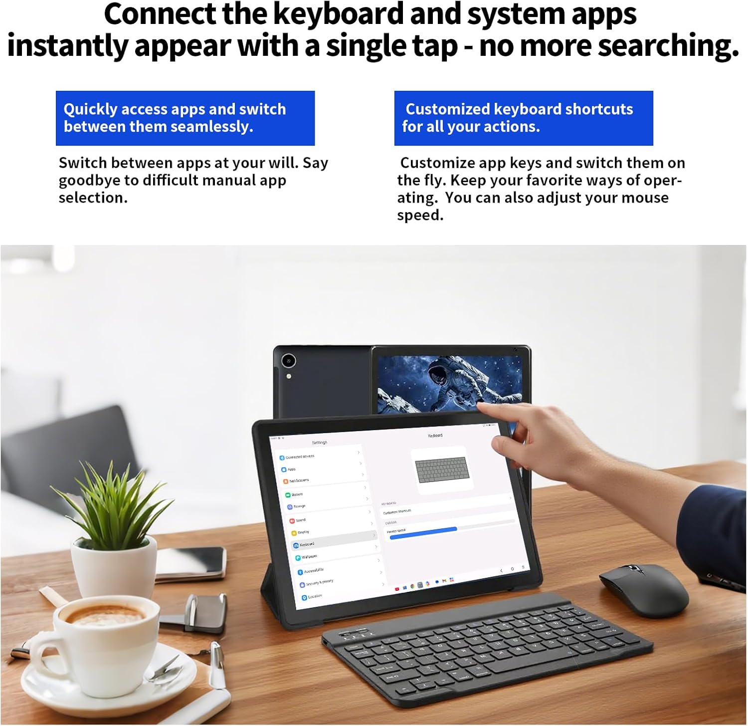 Android tablet on desk connected to keyboard and mouse in use