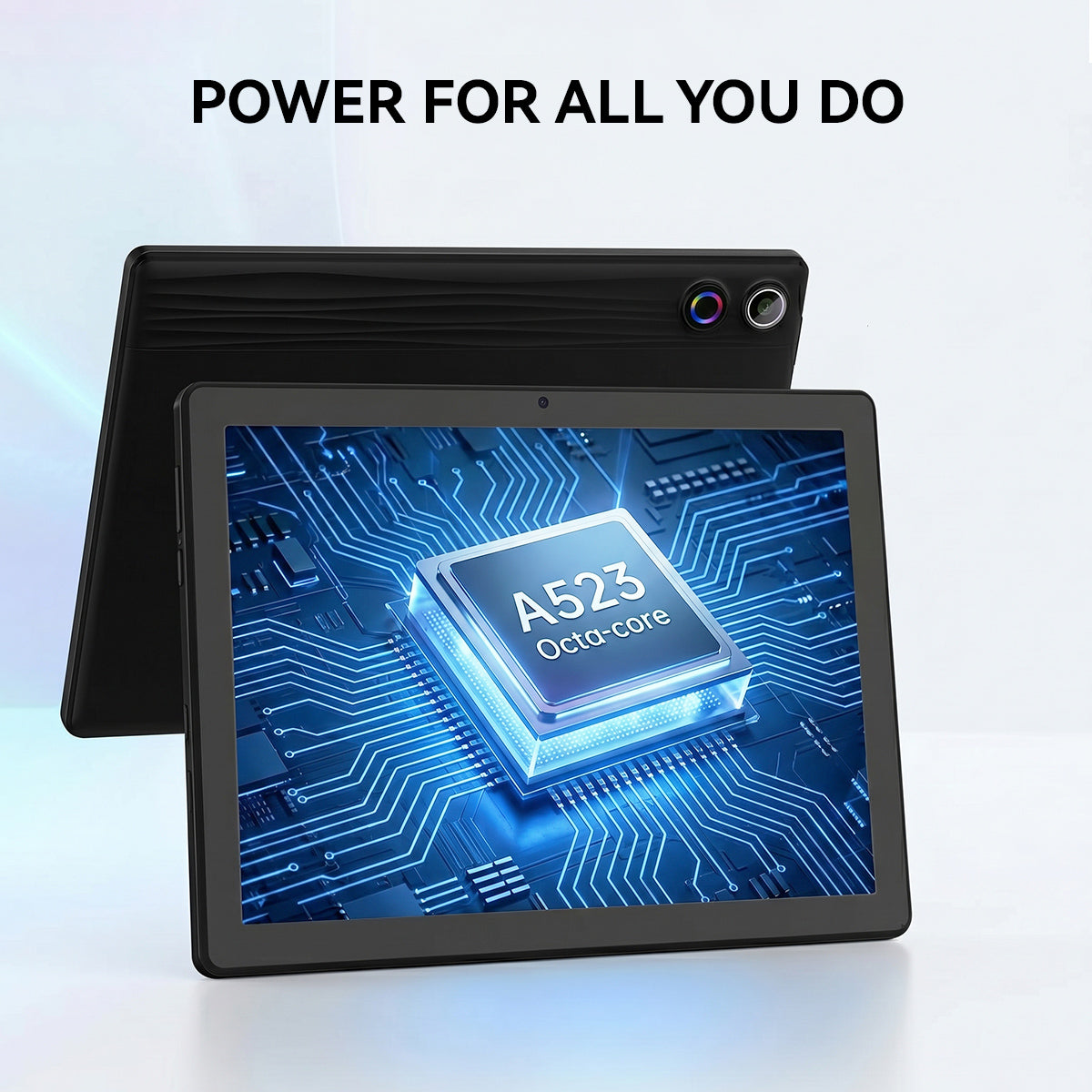 Black 10.1-inch tablet with rear cover, front screen showing processor graphic