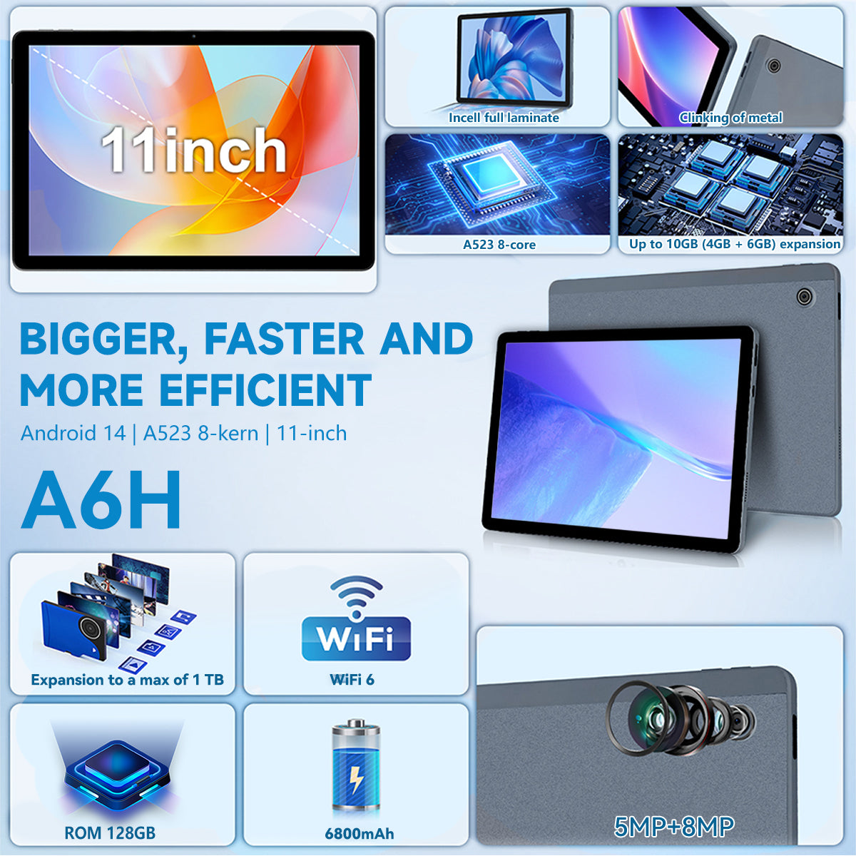 11-inch Android tablet showing colorful front display, with dark gray back visible