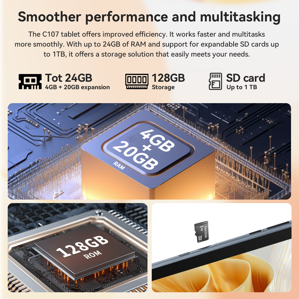 Gray tablet with screen showing memory-style graphics and internal components