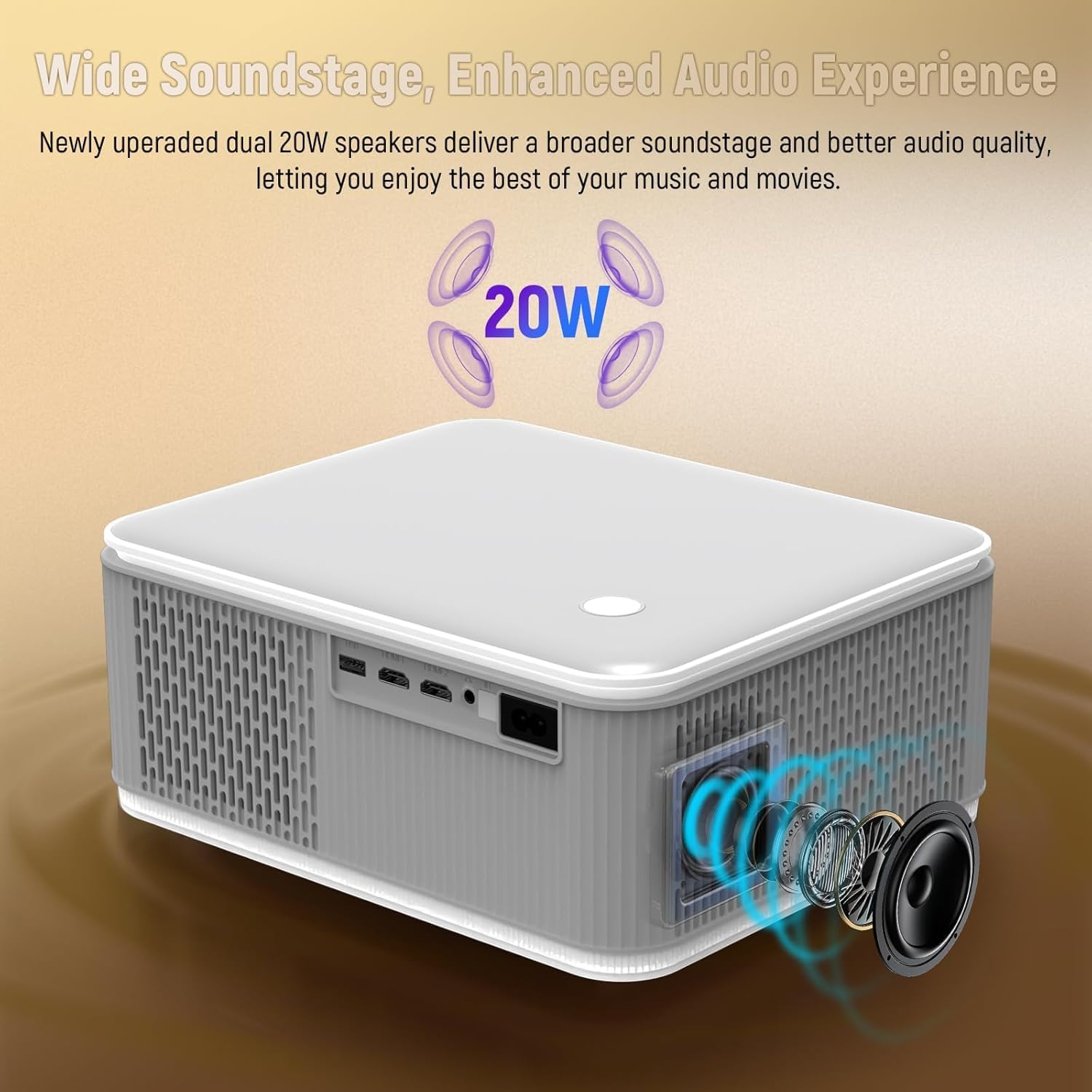 White video projector with front lens and side ports visible, showing cooling grille.
