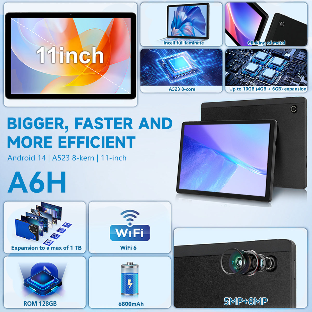 11-inch Android tablet with front screen and dark back panel, landscape view