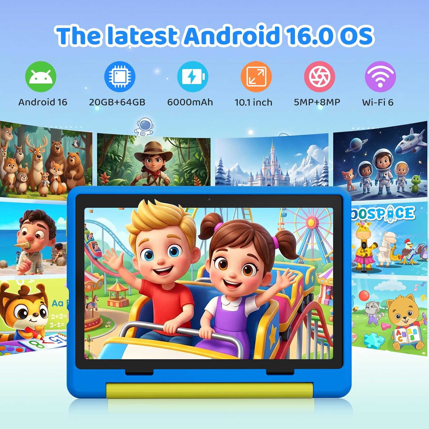Blue kids tablet with animated characters on the screen