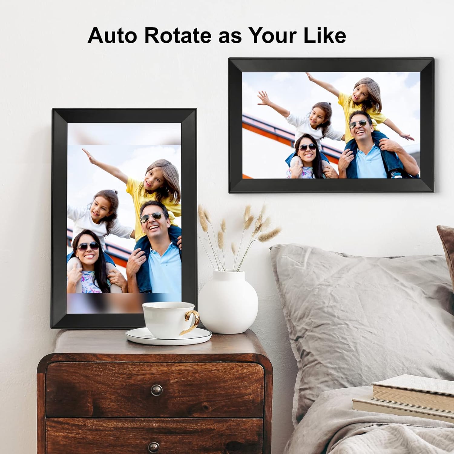 Digital picture frame with touch screen, two photos in black frames with auto-rotate display