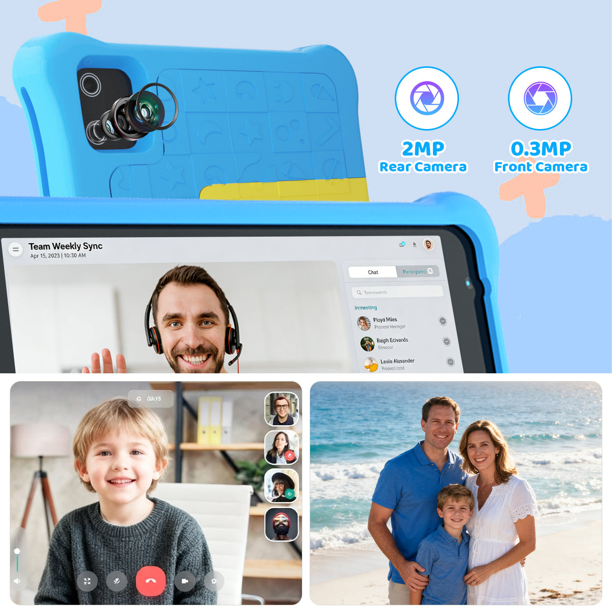 Blue kids tablet back with camera lens and app screen thumbnails