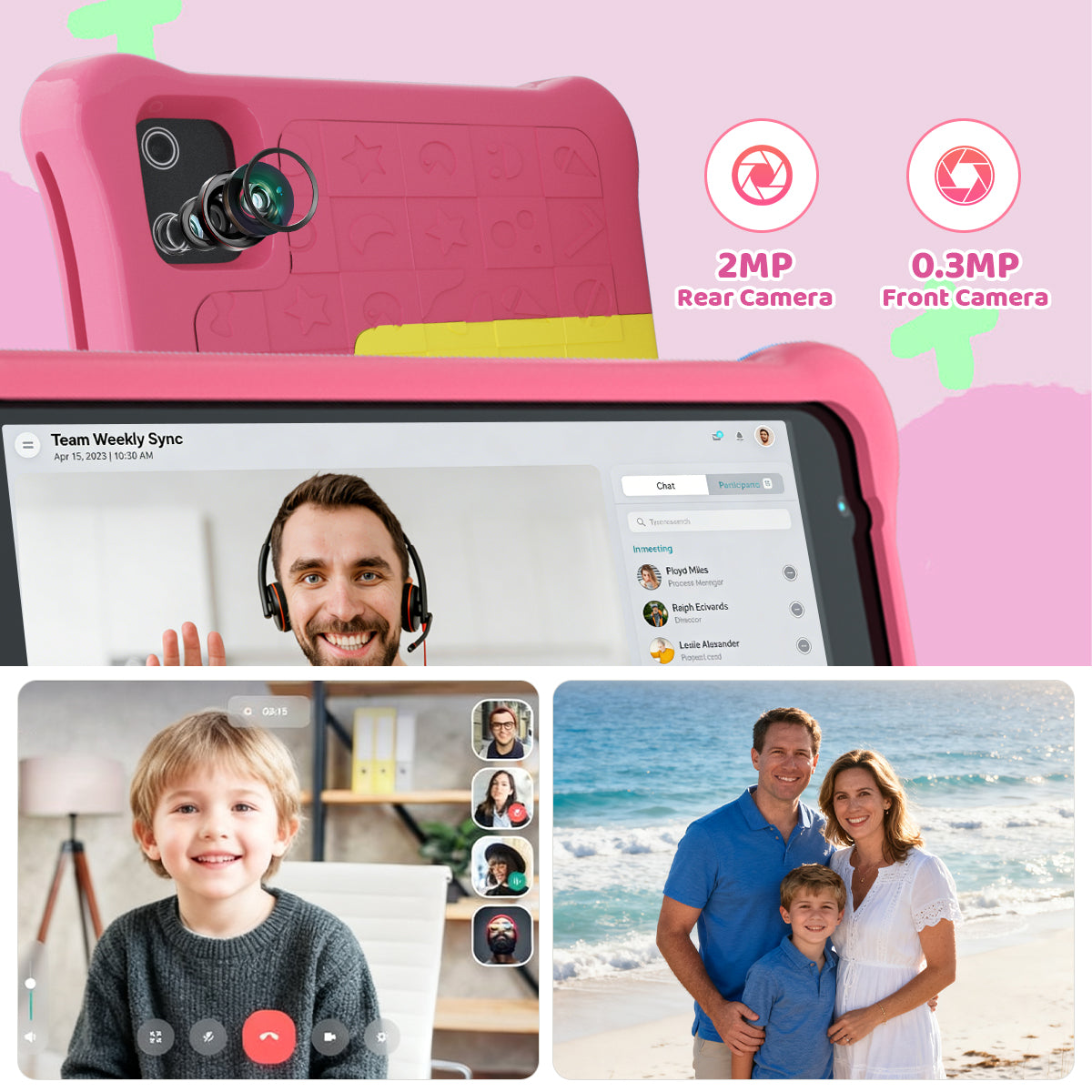 Pink kids tablet bundle showing rear camera area and front tablet screen with video call