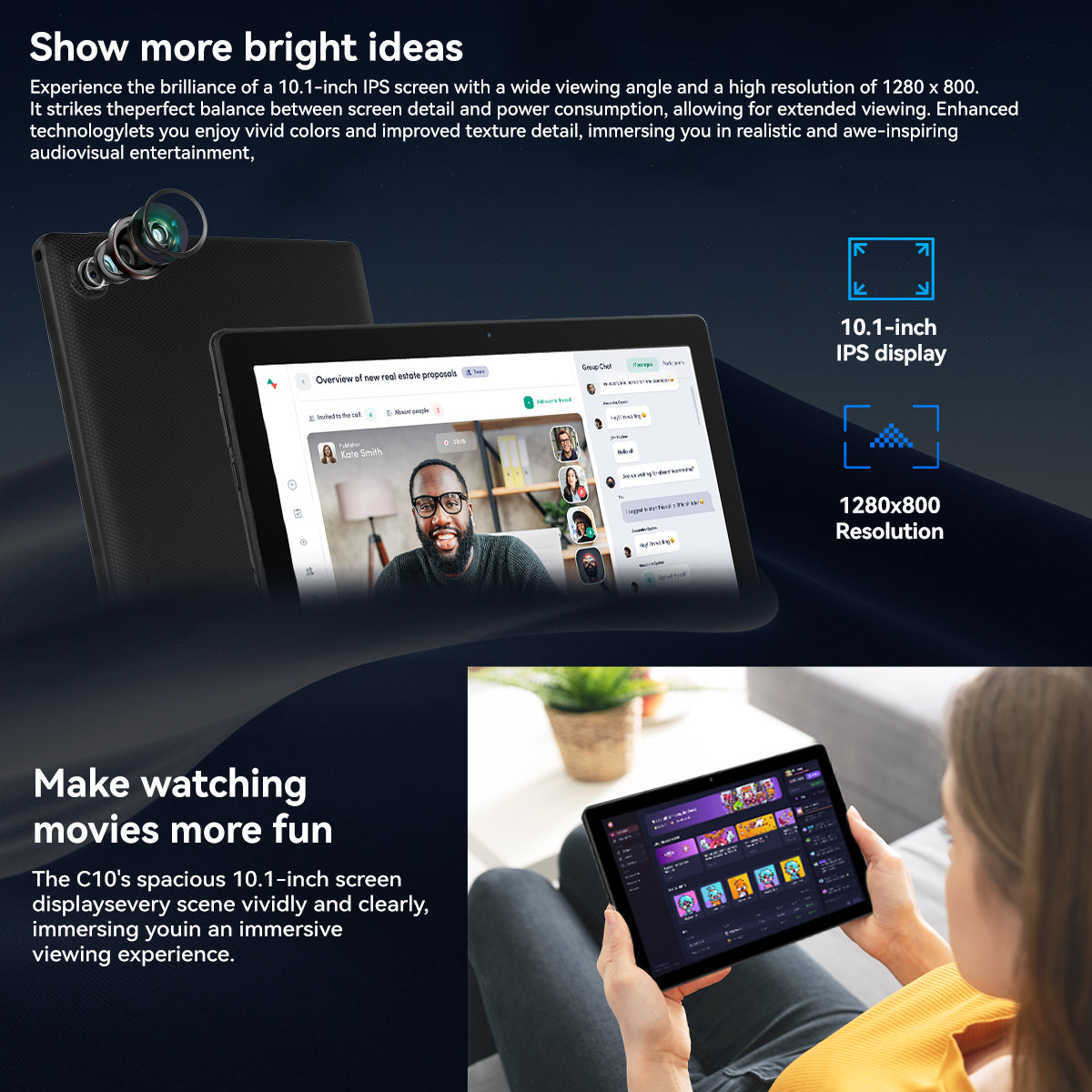 Black tablet front view with large 10.1-inch IPS-style display and dual rear camera.