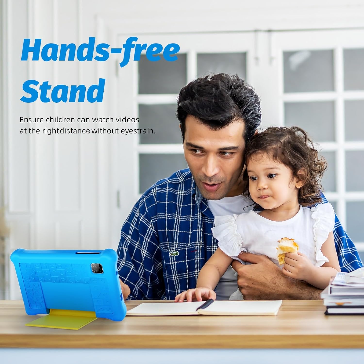 Hands-free kids tablet in blue protective case, adult and child viewing the screen