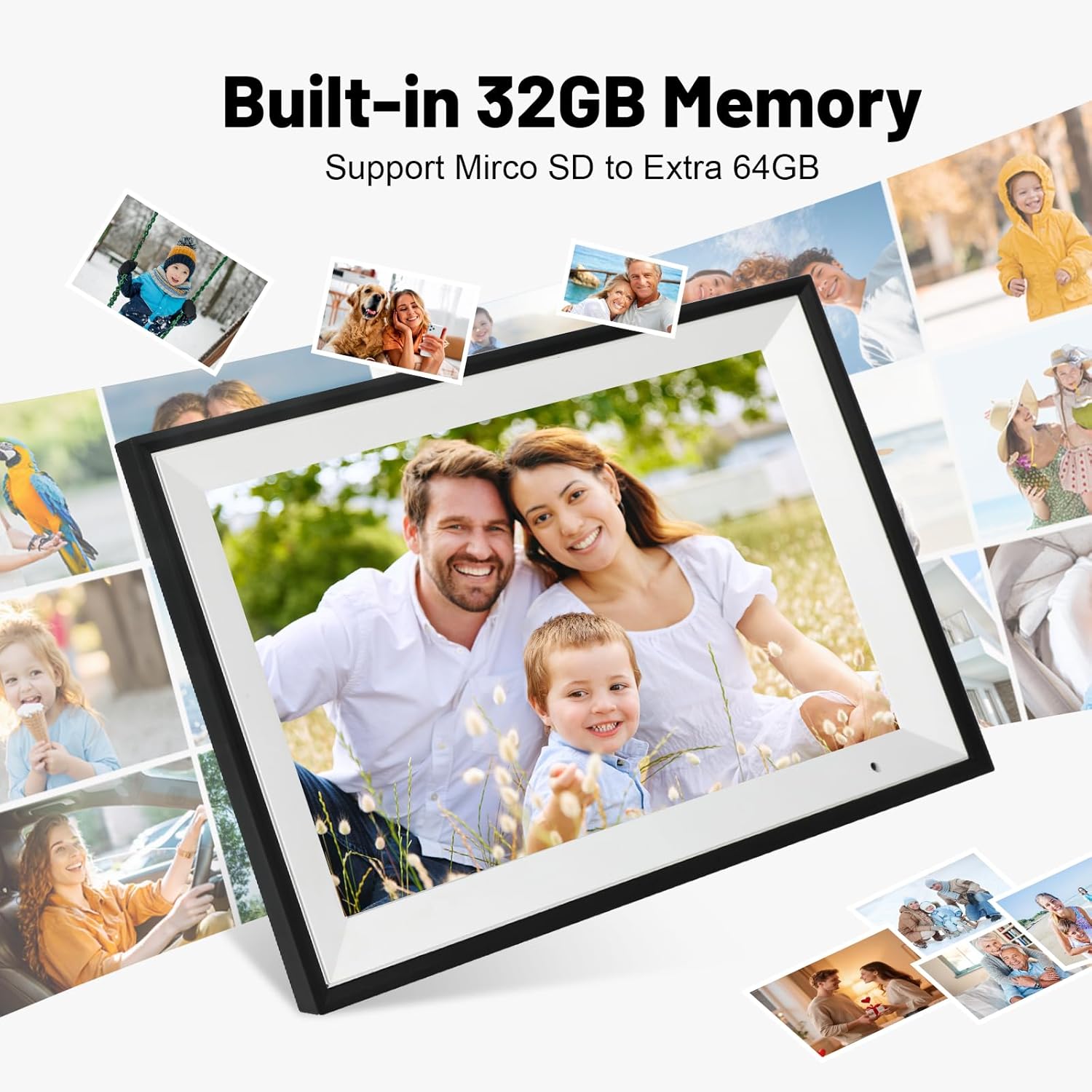 10.1-inch digital picture frame displaying a family photo; black bezel with tilt stand.