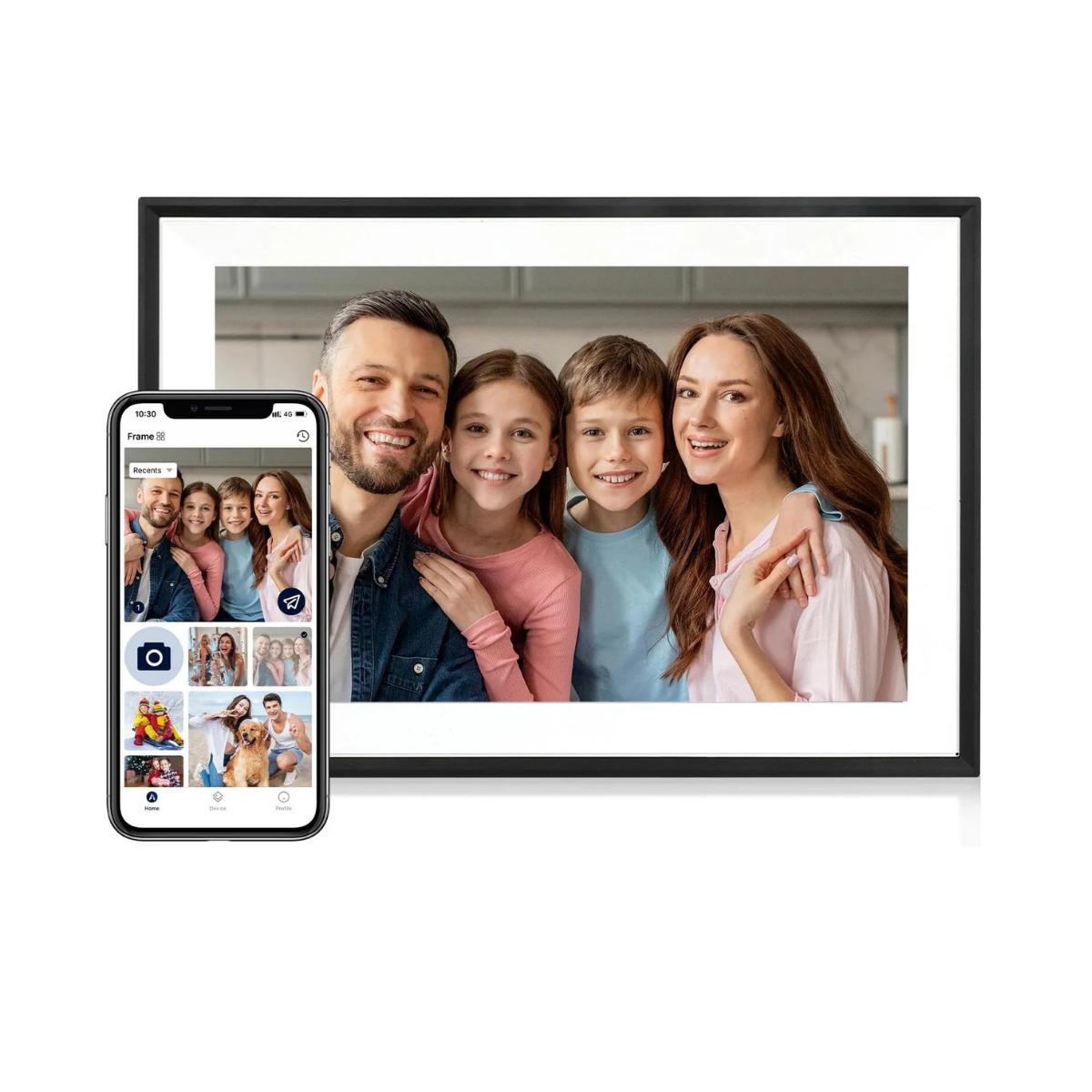 10.1-inch digital picture frame showing family photo with a smartphone nearby.