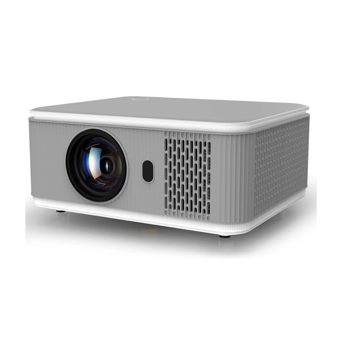 White ultra-short throw projector with front lens and vent grille, three-quarter view on white.