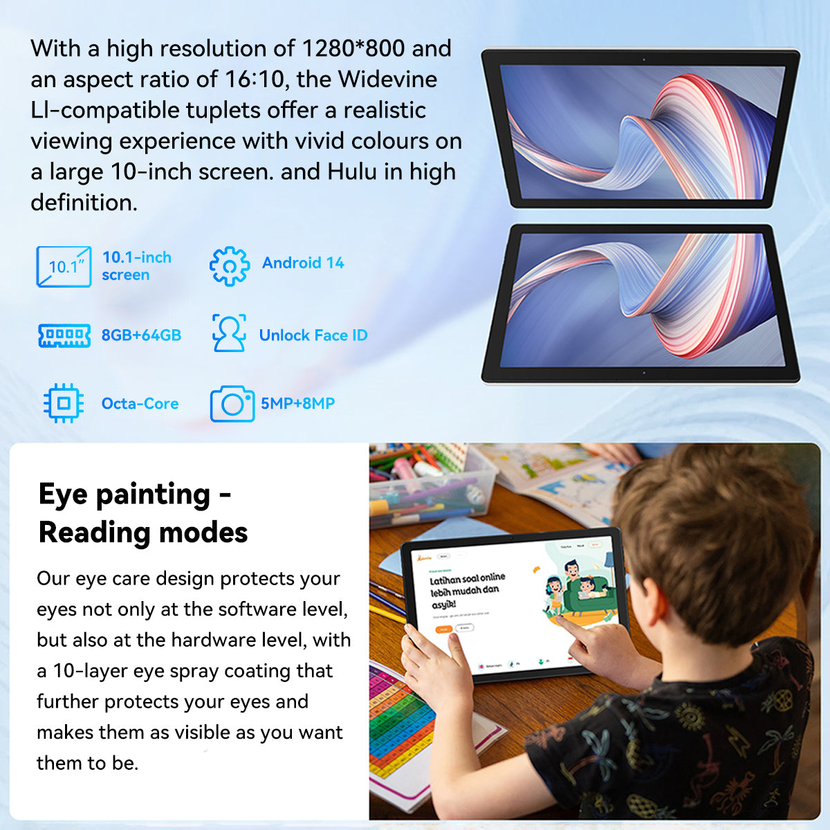 Tablet front view with blue display and Unlock Face ID feature graphic.