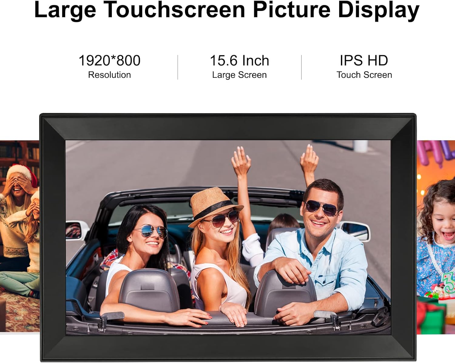 Digital picture frame with touch screen, black frame showing four people in a car