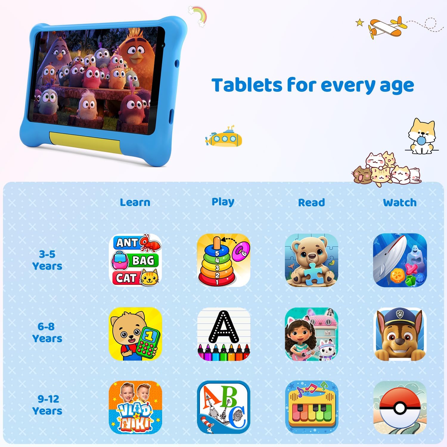 Blue kids tablet with age-based app categories for learn, play, read, and watch