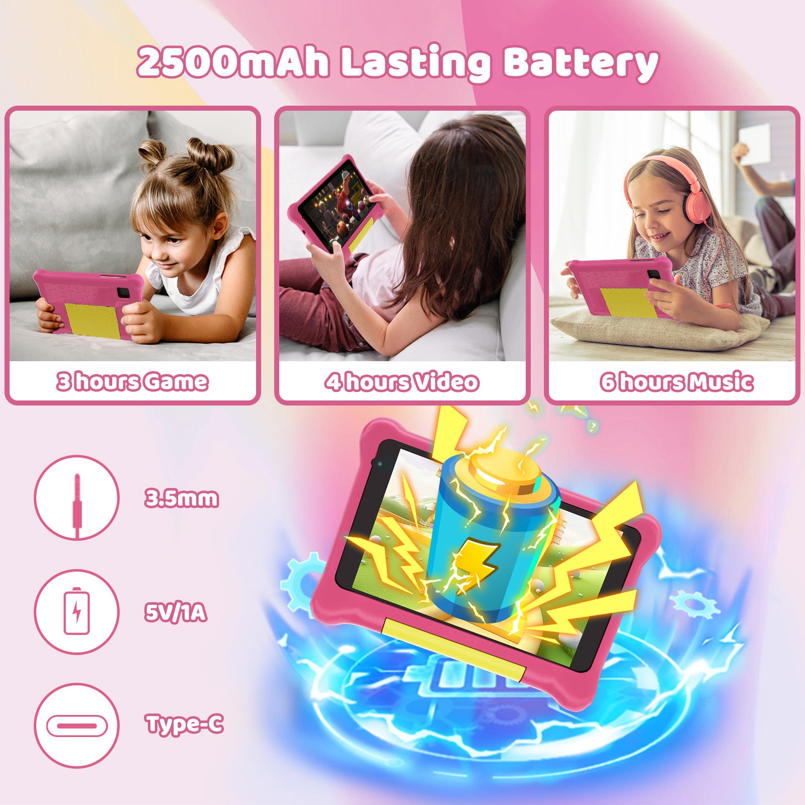 Pink kids tablet bundle with electric-style battery indicator on screen