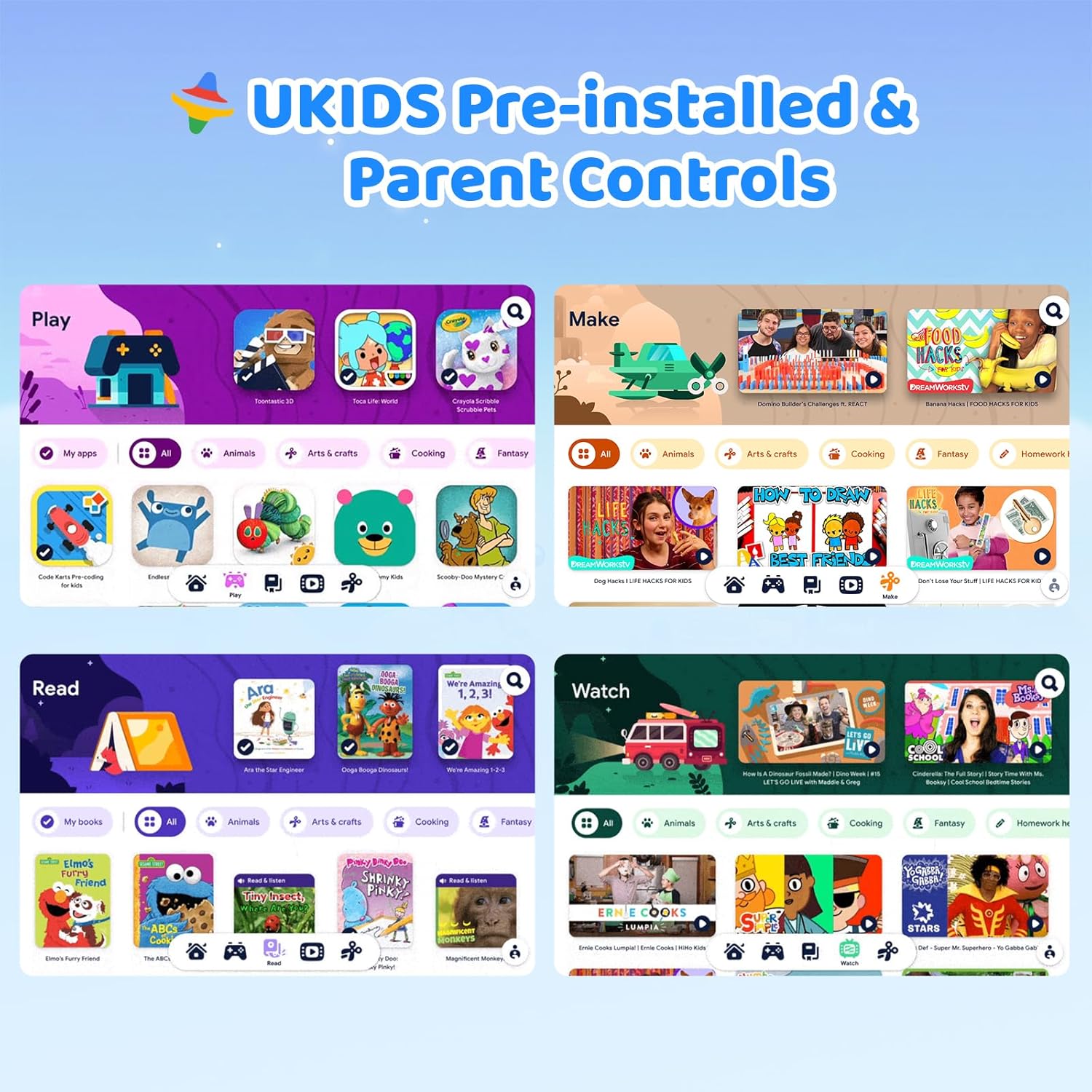 Kids tablet screen showing pre-installed play and learning app tiles