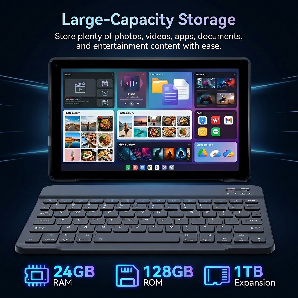 10-inch tablet with built-in keyboard, displaying storage folders and apps