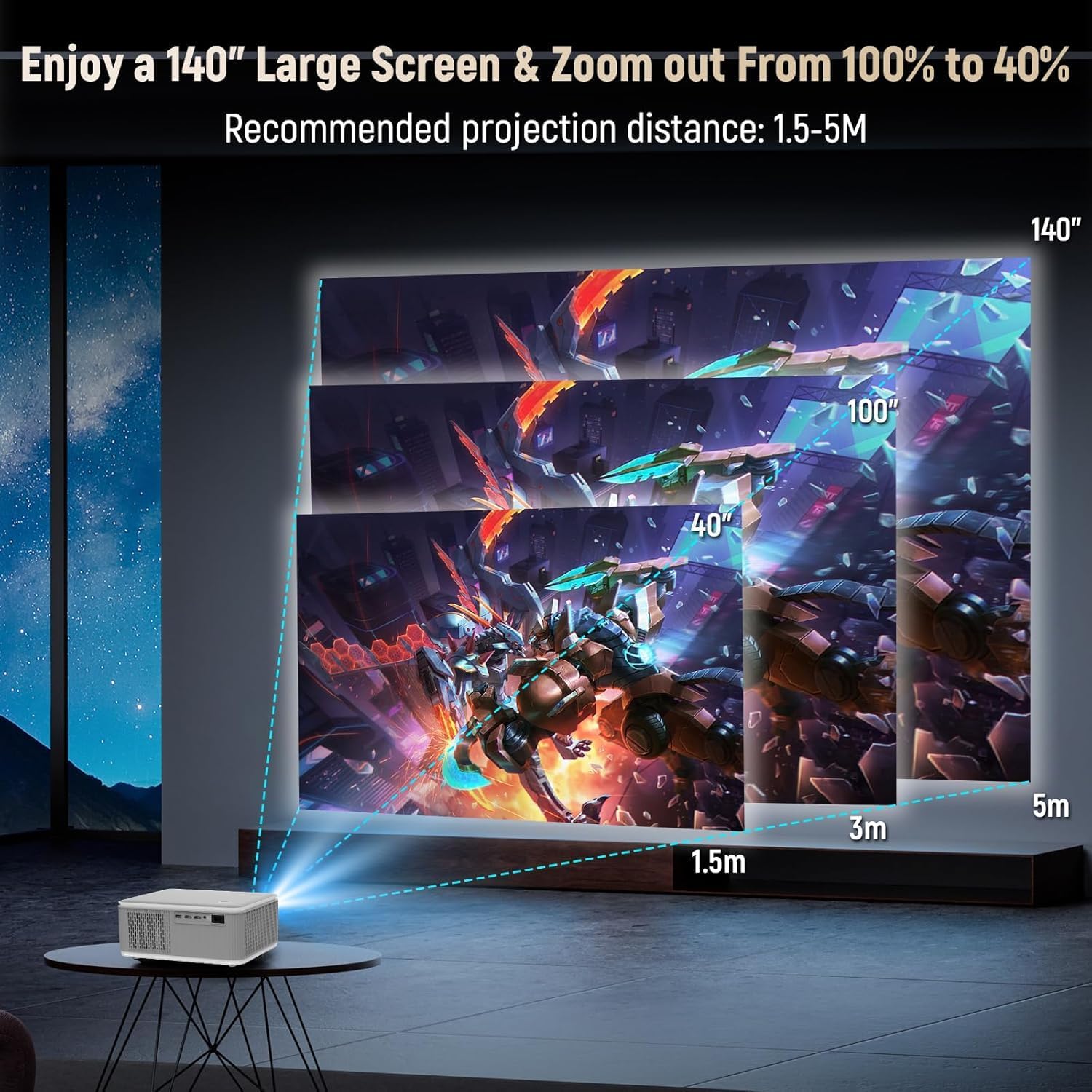 White ultra-short throw video projector on a small stand, front lens facing forward.