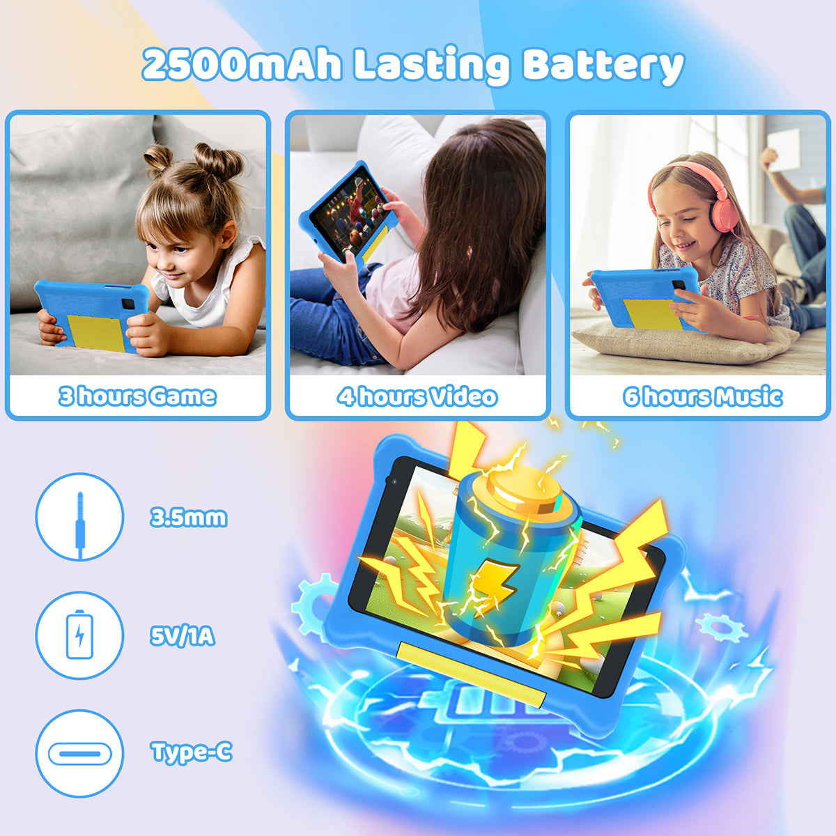 Blue kids tablet with battery life icons and side accessory port graphic