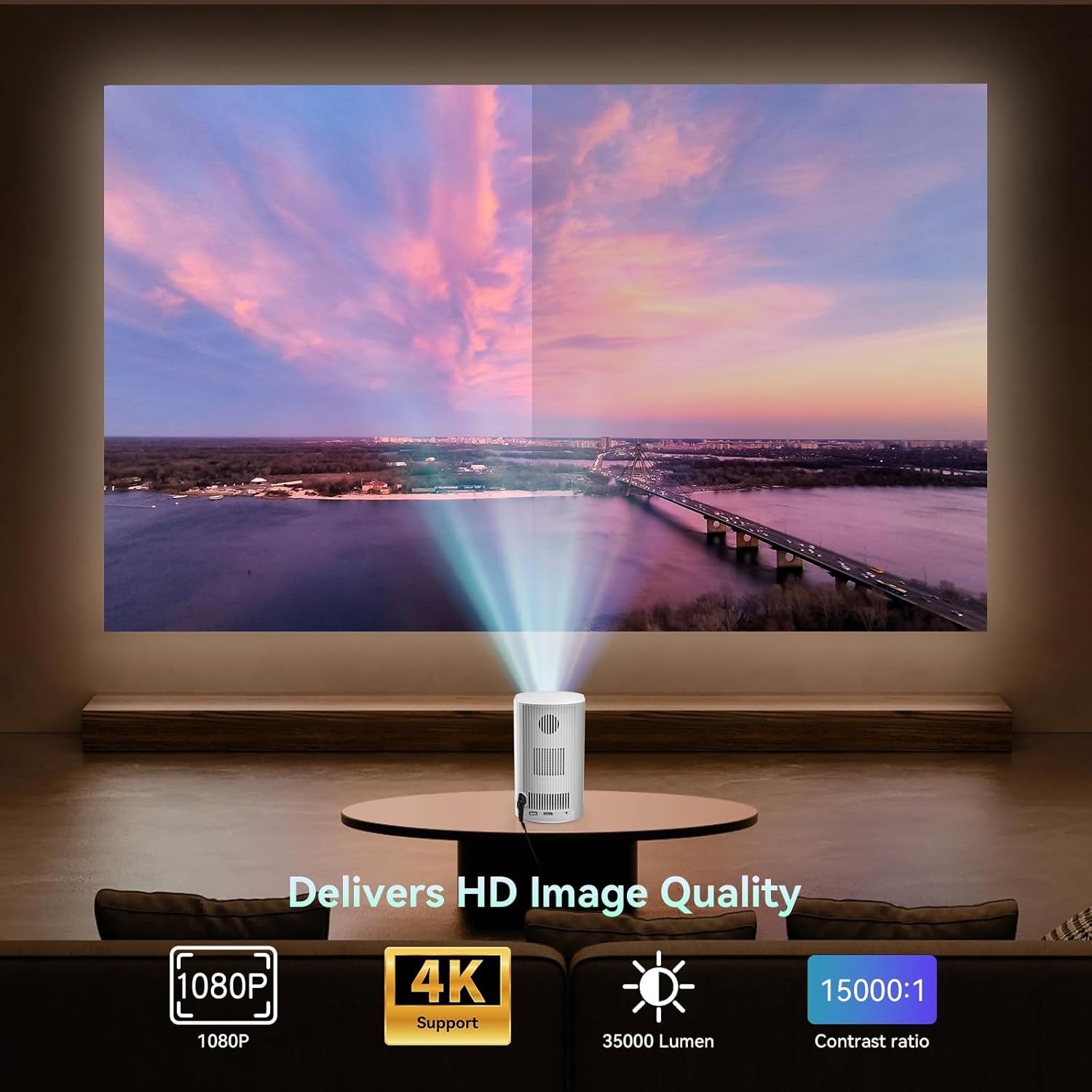 White portable projector projecting a landscape scene onto a wall