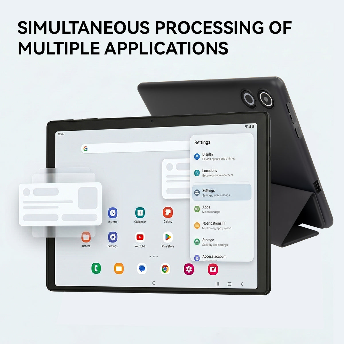 Black tablet with rear cover, screen displaying Android app icons