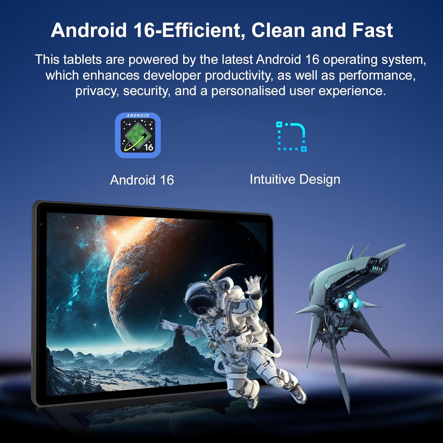 Android tablet with dark bezel showing astronaut wallpaper on screen