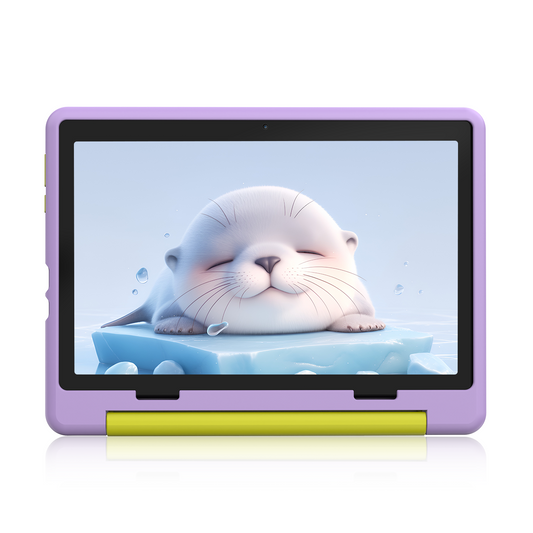 Purple kids tablet with a seal cartoon on the display