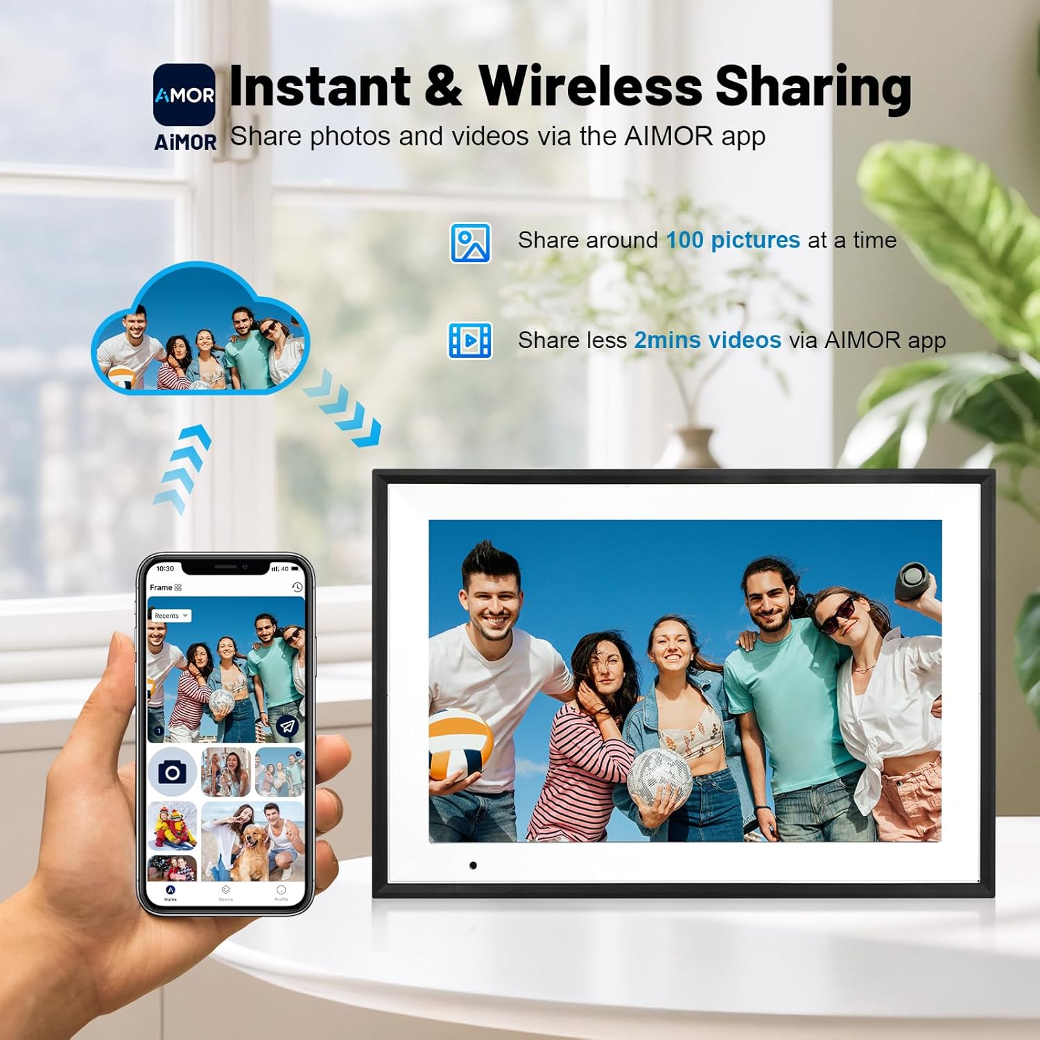 10.1-inch digital picture frame and smartphone showing photo sharing interface; black frame.