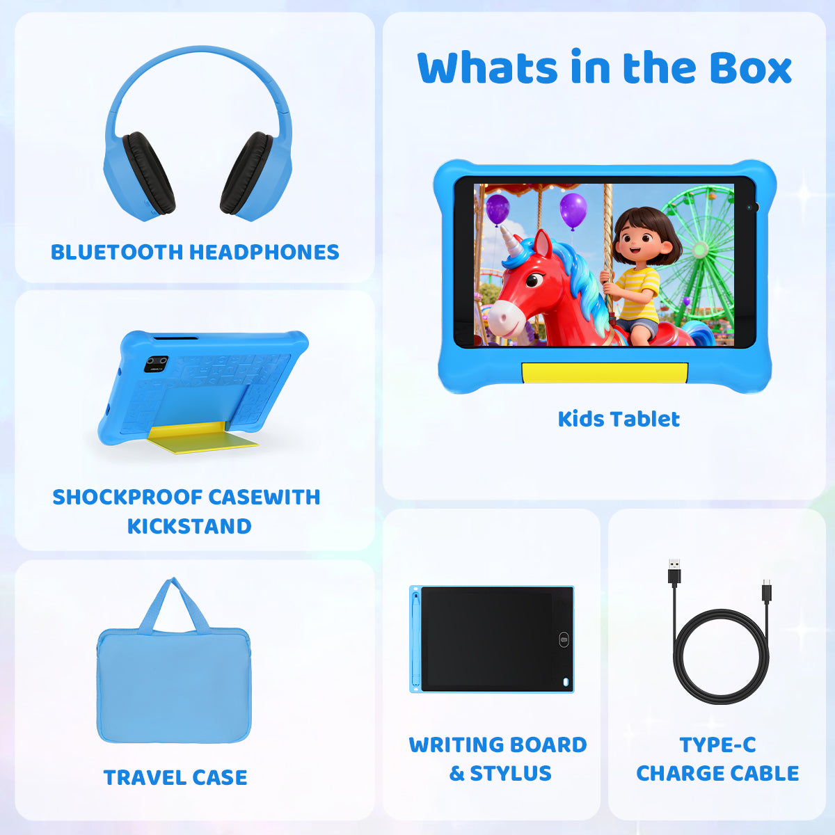 Kids tablet bundle items: blue tablet case, bluetooth headphones, travel bag, stylus, cable
