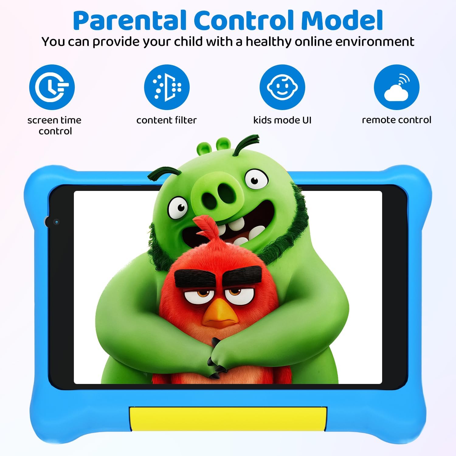 Blue kids tablet showing a parental control screen with character icon graphics